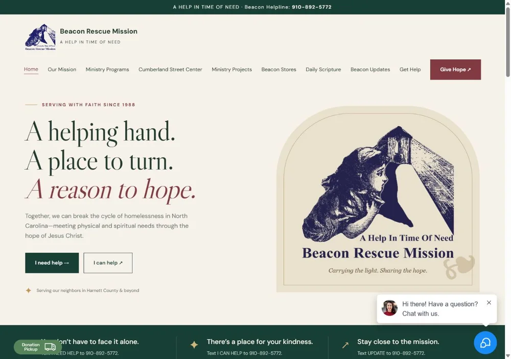 Beacon Rescue Mission homepage featuring its helping hand message and lantern logo