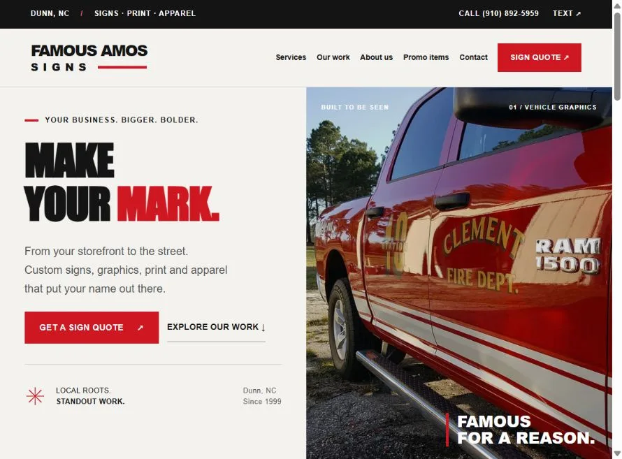 Famous Amos Signs homepage with bold lettering and a red fire department truck